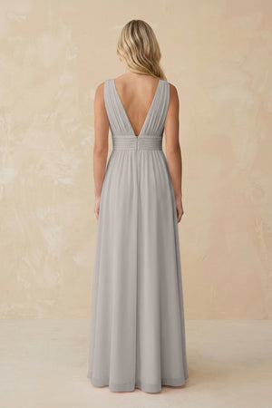 V - Neck A - Line Chiffon Ruched Bridesmaid Dress in Silver - KissProm Bridesmaid Dresses