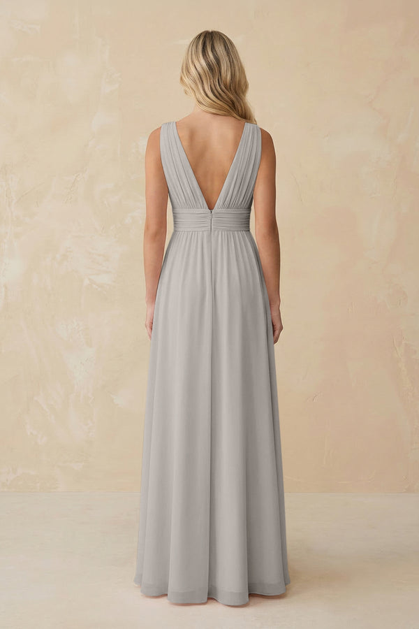 V - Neck A - Line Chiffon Ruched Bridesmaid Dress in Silver - KissProm Bridesmaid Dresses