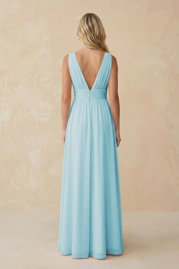 V - Neck A - Line Chiffon Ruched Bridesmaid Dress in Sky Blue - KissProm Bridesmaid Dresses