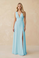 V - Neck A - Line Chiffon Ruched Bridesmaid Dress in Sky Blue - KissProm Bridesmaid Dresses