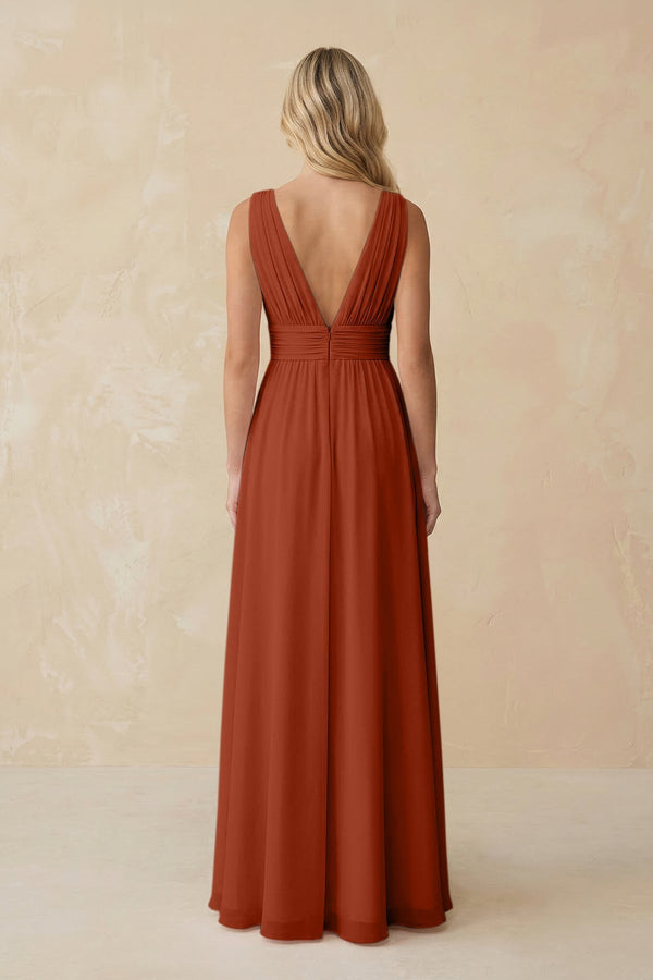 V - Neck A - Line Chiffon Ruched Bridesmaid Dress in Spice - KissProm Bridesmaid Dresses
