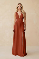 V - Neck A - Line Chiffon Ruched Bridesmaid Dress in Spice - KissProm Bridesmaid Dresses