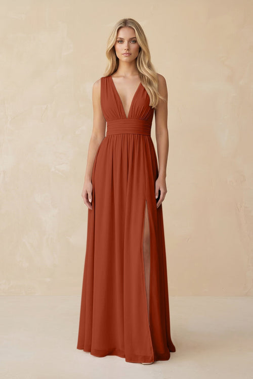 V - Neck A - Line Chiffon Ruched Bridesmaid Dress in Spice - KissProm Bridesmaid Dresses