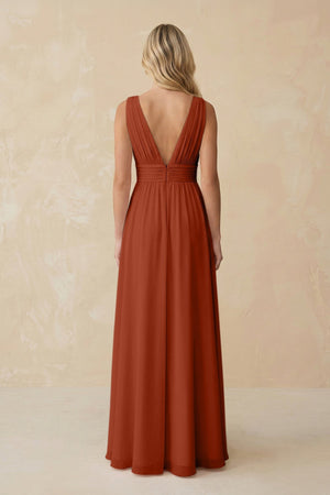 V - Neck A - Line Chiffon Ruched Bridesmaid Dress in Spice - KissProm Bridesmaid Dresses
