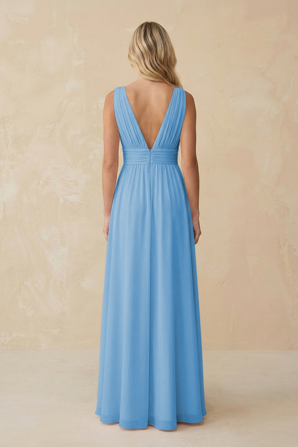 V - Neck A - Line Chiffon Ruched Bridesmaid Dress in Steel Blue - KissProm Bridesmaid Dresses
