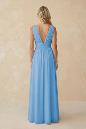 V - Neck A - Line Chiffon Ruched Bridesmaid Dress in Steel Blue - KissProm Bridesmaid Dresses
