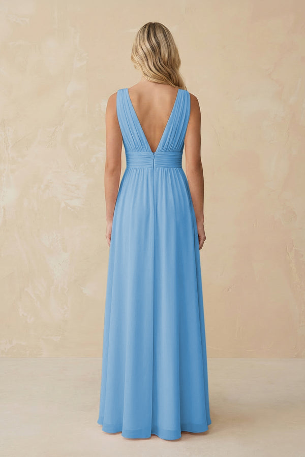 V - Neck A - Line Chiffon Ruched Bridesmaid Dress in Steel Blue - KissProm Bridesmaid Dresses