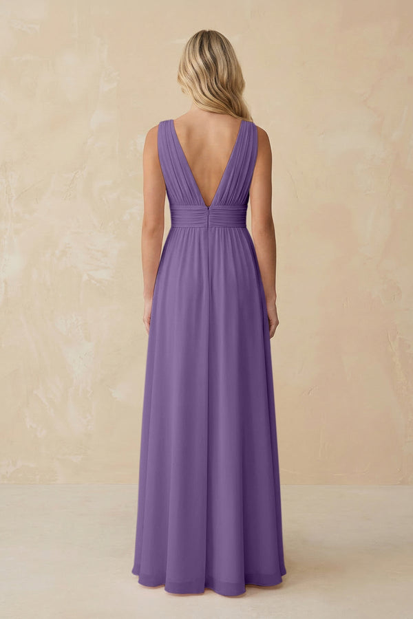 V - Neck A - Line Chiffon Ruched Bridesmaid Dress in Tahiti - KissProm Bridesmaid Dresses
