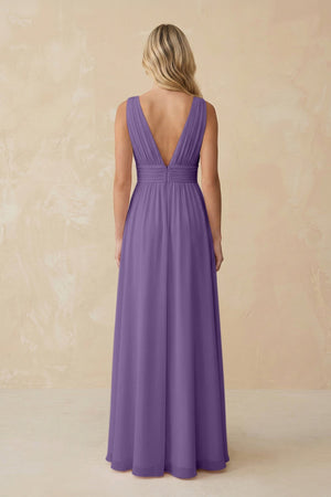 V - Neck A - Line Chiffon Ruched Bridesmaid Dress in Tahiti - KissProm Bridesmaid Dresses