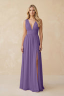 V - Neck A - Line Chiffon Ruched Bridesmaid Dress in Tahiti - KissProm Bridesmaid Dresses