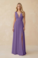 V - Neck A - Line Chiffon Ruched Bridesmaid Dress in Tahiti - KissProm Bridesmaid Dresses
