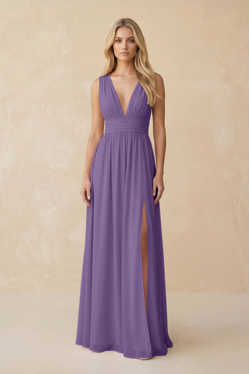 V - Neck A - Line Chiffon Ruched Bridesmaid Dress in Tahiti - KissProm Bridesmaid Dresses
