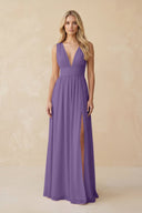 V - Neck A - Line Chiffon Ruched Bridesmaid Dress in Tahiti - KissProm Bridesmaid Dresses