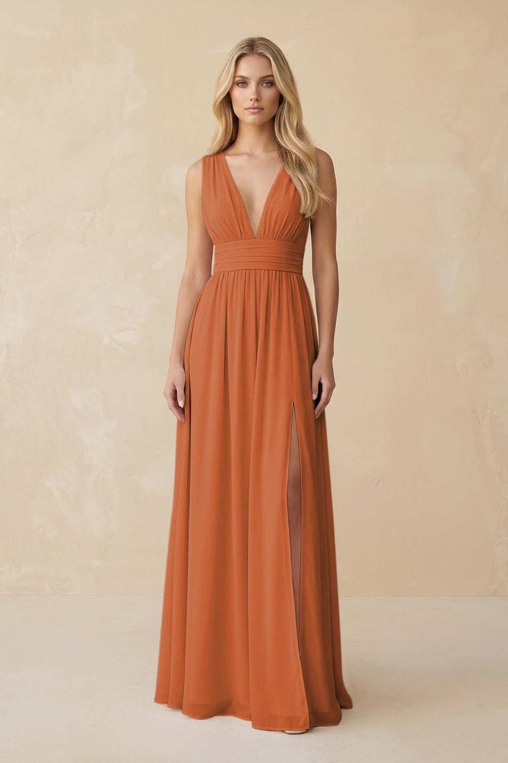 V - Neck A - Line Chiffon Ruched Bridesmaid Dress in Terracotta - KissProm Bridesmaid Dresses