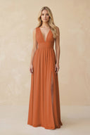 V - Neck A - Line Chiffon Ruched Bridesmaid Dress in Terracotta - KissProm Bridesmaid Dresses