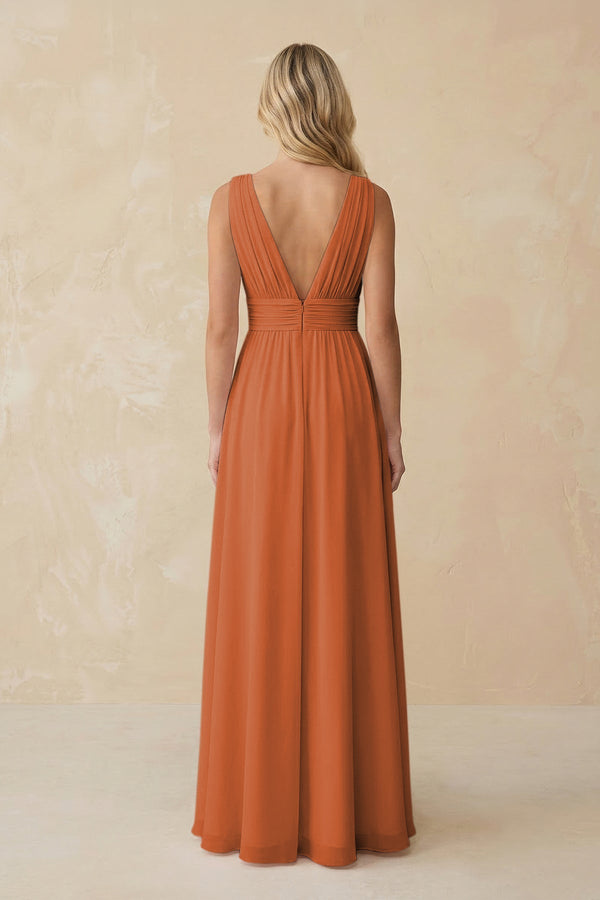 V - Neck A - Line Chiffon Ruched Bridesmaid Dress in Terracotta - KissProm Bridesmaid Dresses
