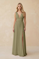 V - Neck A - Line Chiffon Ruched Bridesmaid Dress in Thyme - KissProm Bridesmaid Dresses