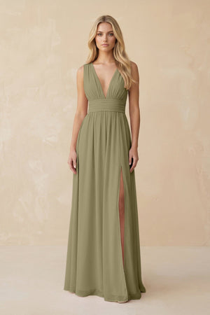 V - Neck A - Line Chiffon Ruched Bridesmaid Dress in Thyme - KissProm Bridesmaid Dresses