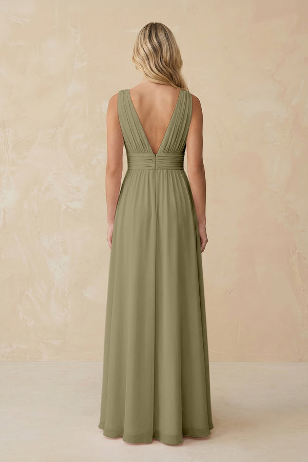 V - Neck A - Line Chiffon Ruched Bridesmaid Dress in Thyme - KissProm Bridesmaid Dresses