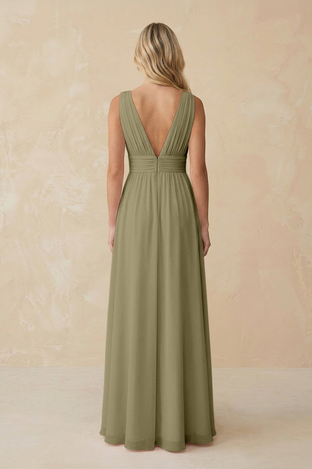 V - Neck A - Line Chiffon Ruched Bridesmaid Dress in Thyme - KissProm Bridesmaid Dresses