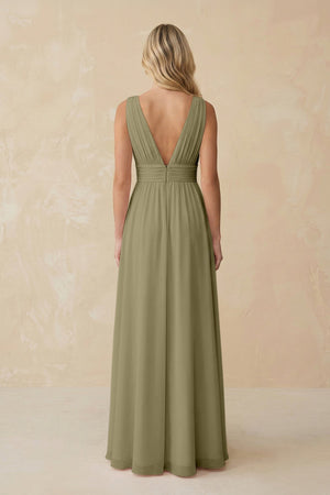 V - Neck A - Line Chiffon Ruched Bridesmaid Dress in Thyme - KissProm Bridesmaid Dresses