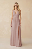 V - Neck A - Line Chiffon Ruched Bridesmaid Dress in Toffee - KissProm Bridesmaid Dresses