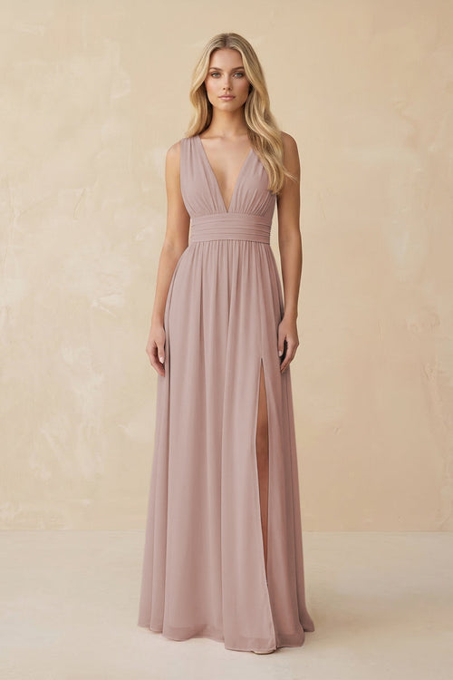 V - Neck A - Line Chiffon Ruched Bridesmaid Dress in Toffee - KissProm Bridesmaid Dresses