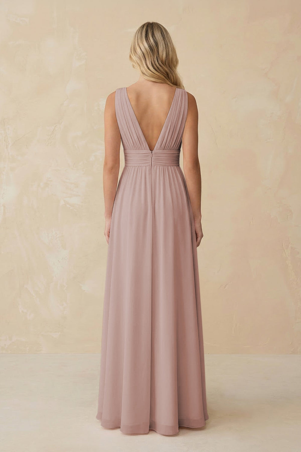 V - Neck A - Line Chiffon Ruched Bridesmaid Dress in Toffee - KissProm Bridesmaid Dresses
