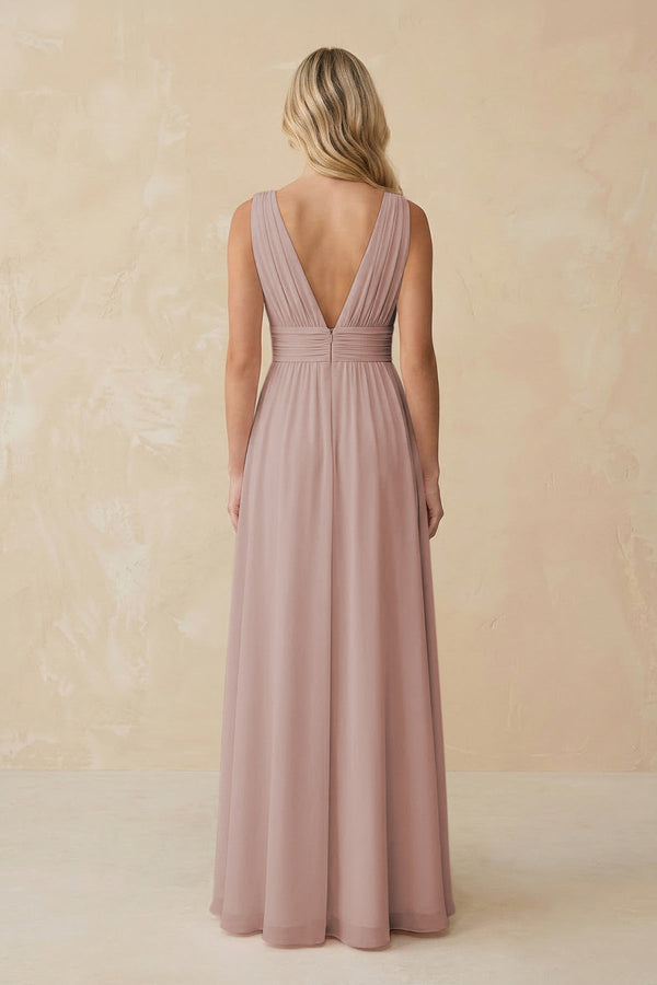 V - Neck A - Line Chiffon Ruched Bridesmaid Dress in Toffee - KissProm Bridesmaid Dresses