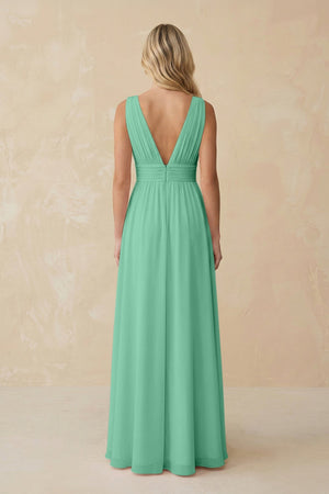 V - Neck A - Line Chiffon Ruched Bridesmaid Dress in Turquoise - KissProm Bridesmaid Dresses