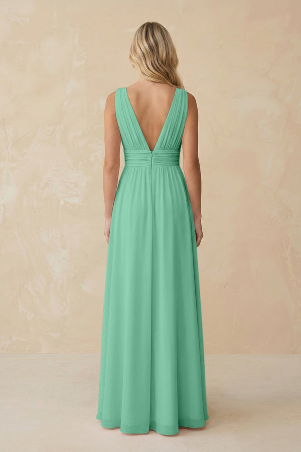 V - Neck A - Line Chiffon Ruched Bridesmaid Dress in Turquoise - KissProm Bridesmaid Dresses