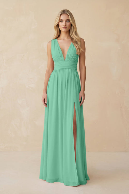V - Neck A - Line Chiffon Ruched Bridesmaid Dress in Turquoise - KissProm Bridesmaid Dresses