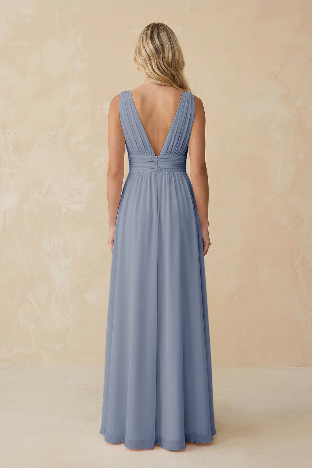 V - Neck A - Line Chiffon Ruched Bridesmaid Dress in Twilight - KissProm Bridesmaid Dresses