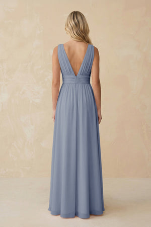 V - Neck A - Line Chiffon Ruched Bridesmaid Dress in Twilight - KissProm Bridesmaid Dresses