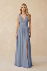 V - Neck A - Line Chiffon Ruched Bridesmaid Dress in Twilight - KissProm Bridesmaid Dresses