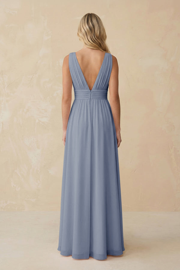 V - Neck A - Line Chiffon Ruched Bridesmaid Dress in Twilight - KissProm Bridesmaid Dresses