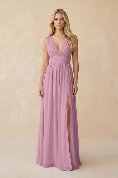 V - Neck A - Line Chiffon Ruched Bridesmaid Dress in Vintage Mauve - KissProm Bridesmaid Dresses