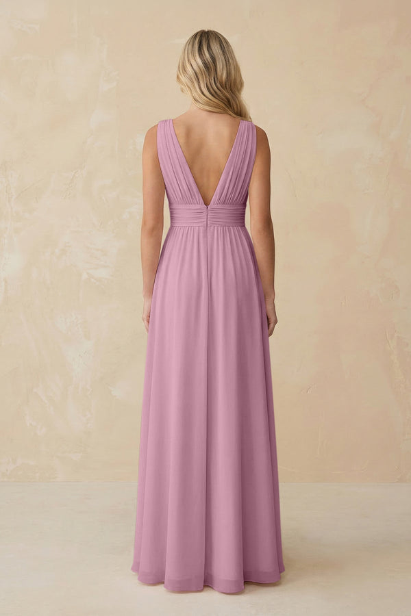 V - Neck A - Line Chiffon Ruched Bridesmaid Dress in Vintage Mauve - KissProm Bridesmaid Dresses