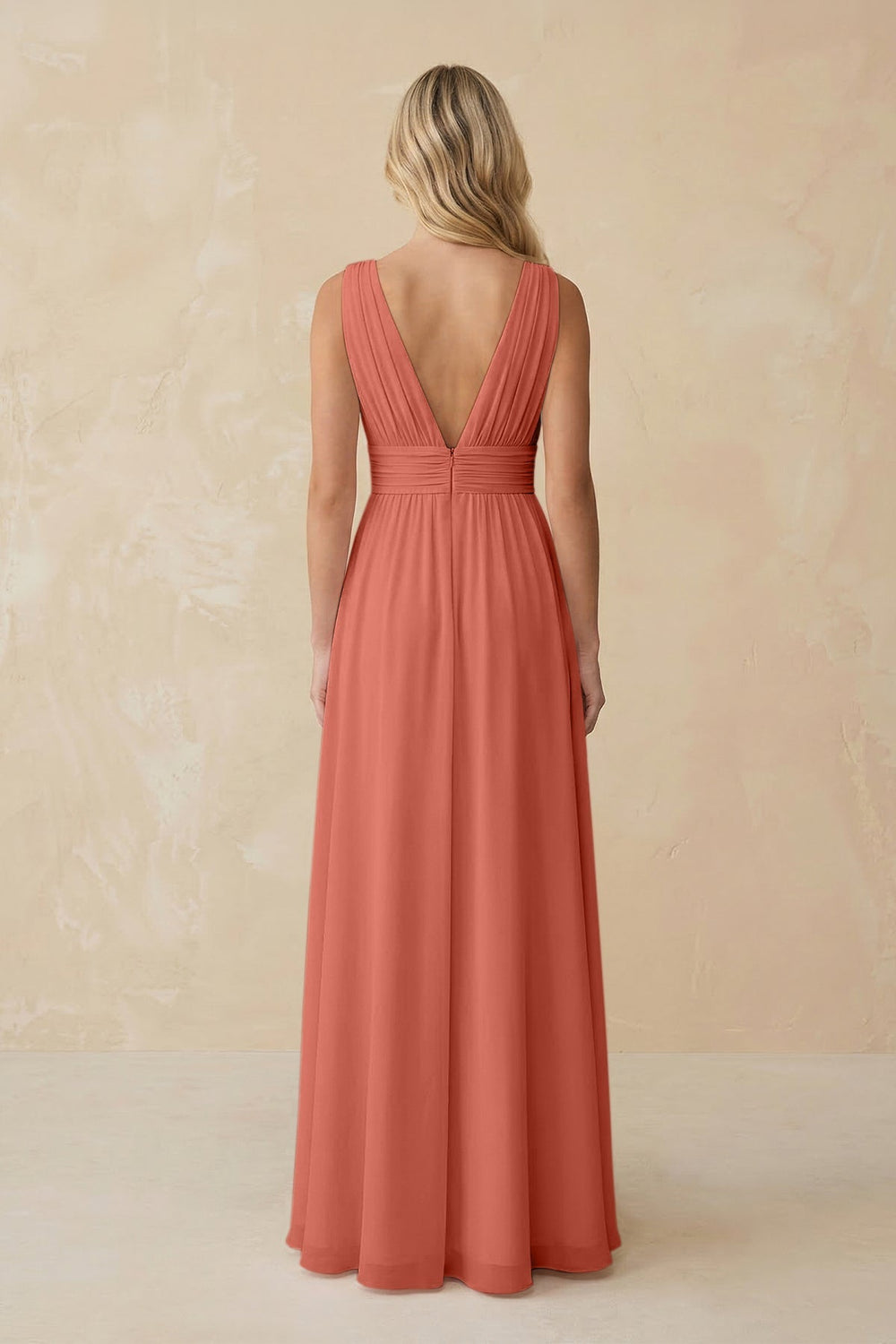 V - Neck A - Line Chiffon Ruched Bridesmaid Dress in Wild Rose - KissProm Bridesmaid Dresses