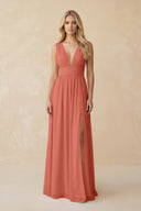 V - Neck A - Line Chiffon Ruched Bridesmaid Dress in Wild Rose - KissProm Bridesmaid Dresses