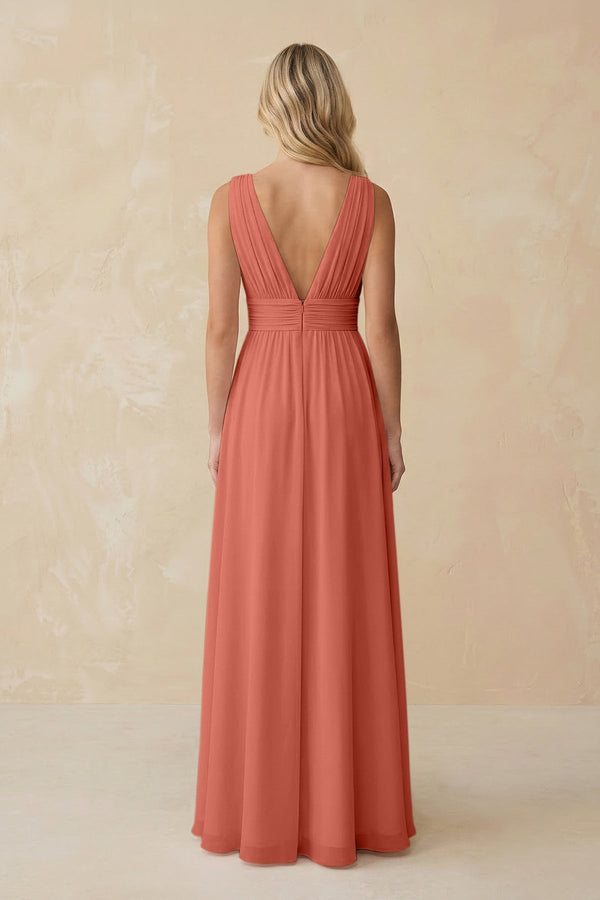 V - Neck A - Line Chiffon Ruched Bridesmaid Dress in Wild Rose - KissProm Bridesmaid Dresses
