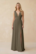 V - Neck A - Line Chiffon Ruched Bridesmaid Dress in Willow Green - KissProm Bridesmaid Dresses