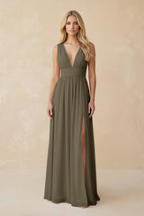 V - Neck A - Line Chiffon Ruched Bridesmaid Dress in Willow Green - KissProm Bridesmaid Dresses