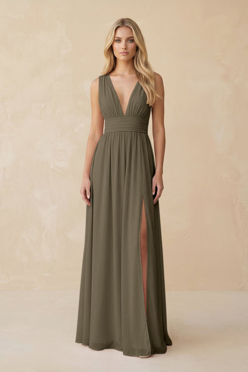 V - Neck A - Line Chiffon Ruched Bridesmaid Dress in Willow Green - KissProm Bridesmaid Dresses