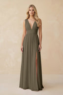 V - Neck A - Line Chiffon Ruched Bridesmaid Dress in Willow Green - KissProm Bridesmaid Dresses