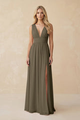 V - Neck A - Line Chiffon Ruched Bridesmaid Dress in Willow Green - KissProm Bridesmaid Dresses