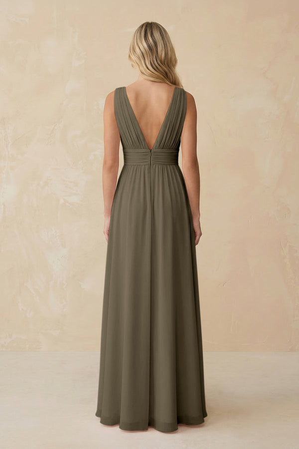 V - Neck A - Line Chiffon Ruched Bridesmaid Dress in Willow Green - KissProm Bridesmaid Dresses