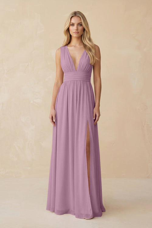 V - Neck A - Line Chiffon Ruched Bridesmaid Dress in Wisteria - KissProm Bridesmaid Dresses