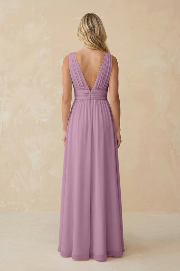 V - Neck A - Line Chiffon Ruched Bridesmaid Dress in Wisteria - KissProm Bridesmaid Dresses