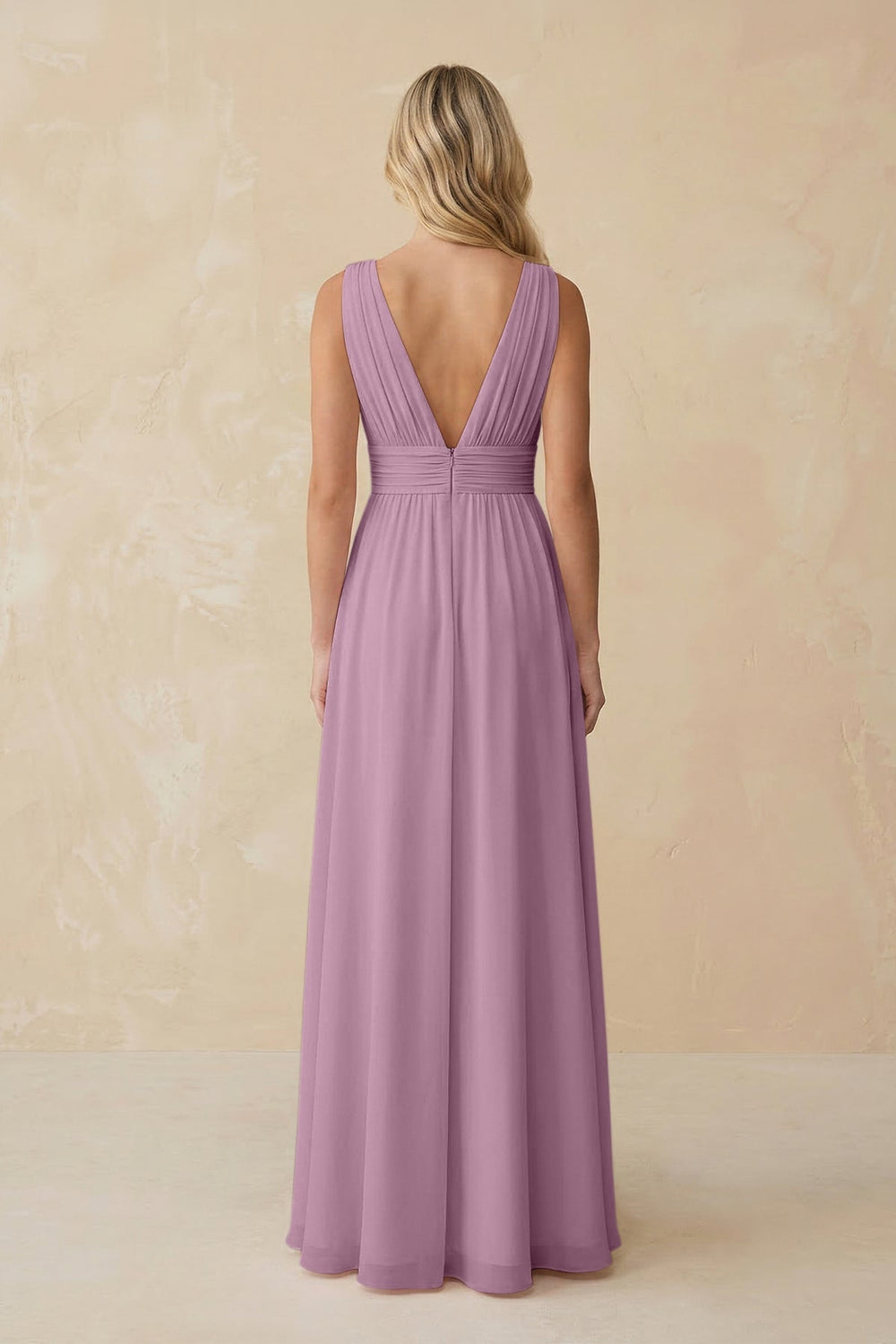 V - Neck A - Line Chiffon Ruched Bridesmaid Dress in Wisteria - KissProm Bridesmaid Dresses